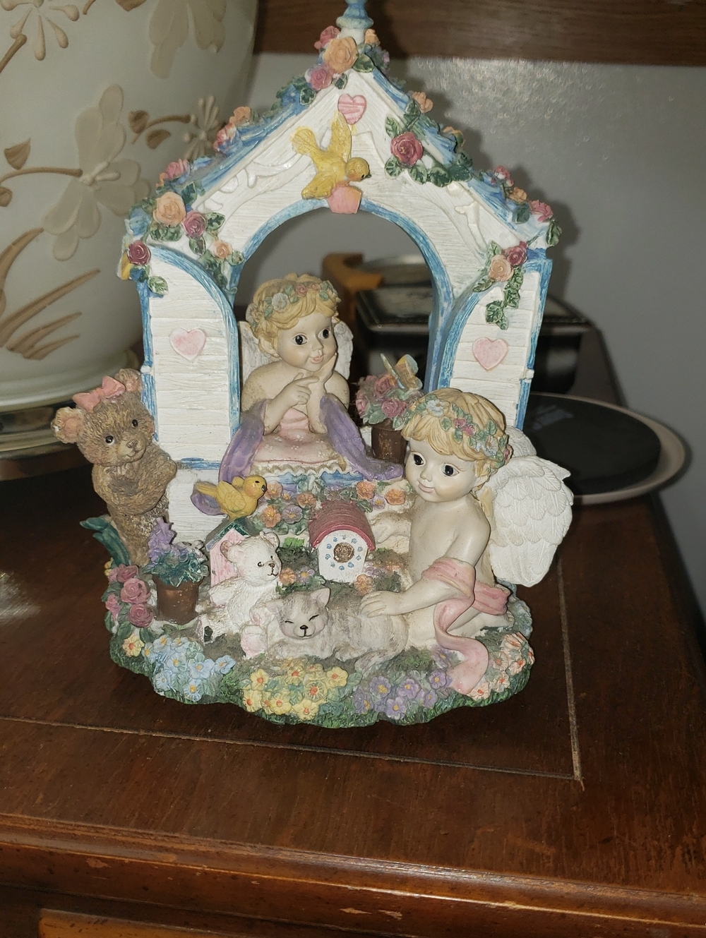 Cherub Garden Figurine with Pastel Flowers-Music Box